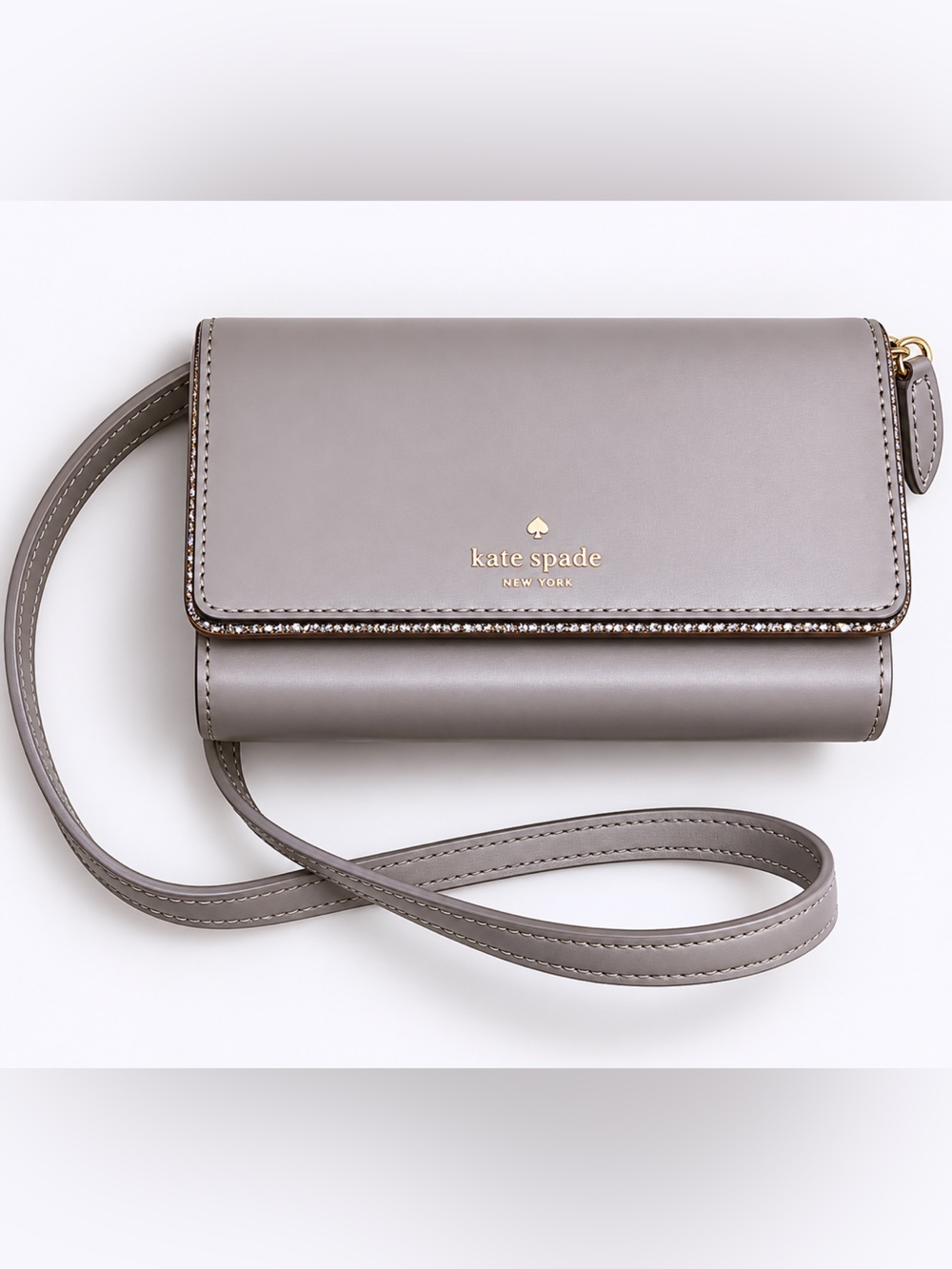 kate spade Gray Leather Crossbody Wallet with Gold Logo
